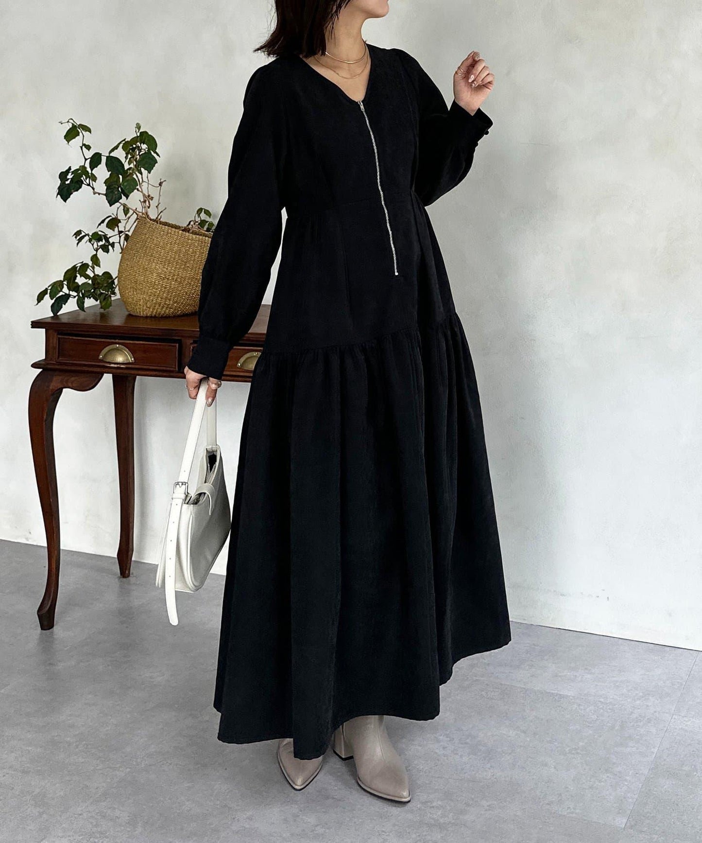 前拉鍊層疊連衣裙