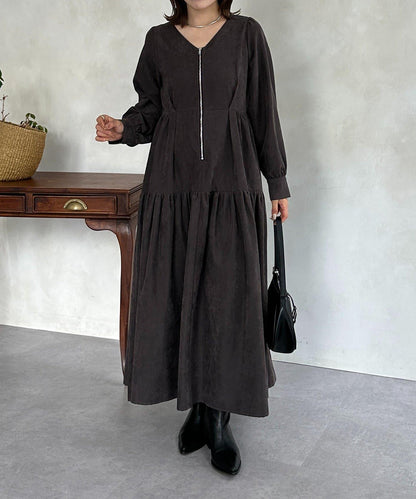 前拉鍊層疊連衣裙