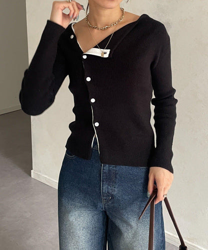 不對稱領口紐扣羅紋針織衫