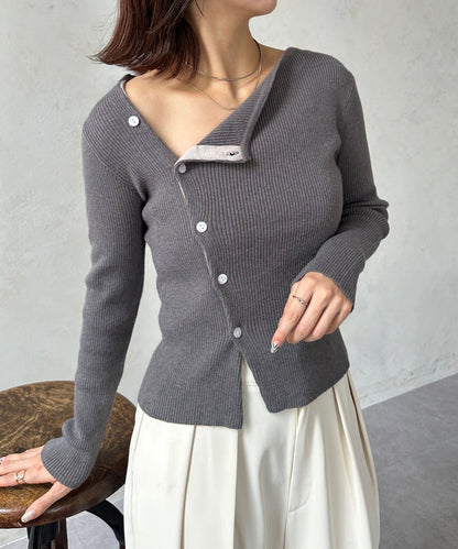 不對稱領口紐扣羅紋針織衫