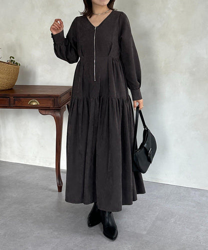 前拉鍊層疊連衣裙