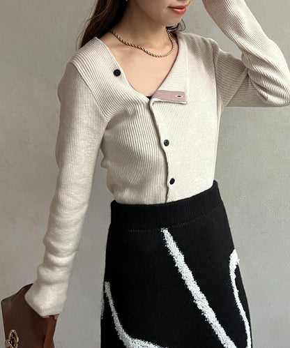 不對稱領口紐扣羅紋針織衫