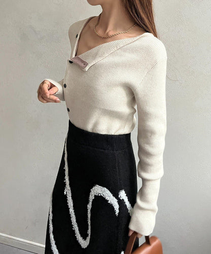 不對稱領口紐扣羅紋針織衫