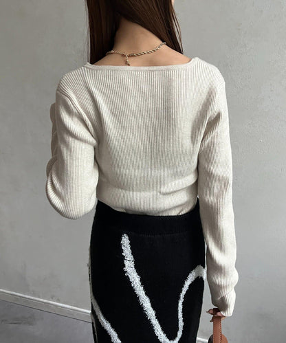 不對稱領口紐扣羅紋針織衫