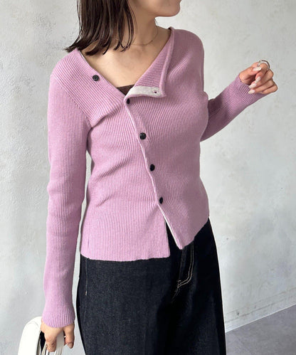 不對稱領口紐扣羅紋針織衫