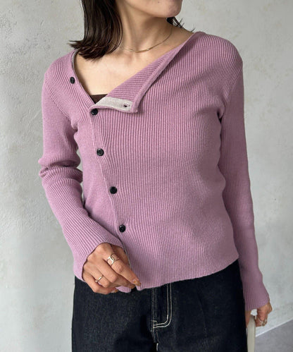 不對稱領口紐扣羅紋針織衫