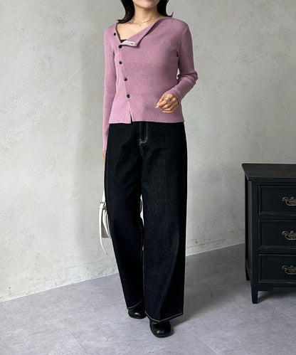 不對稱領口紐扣羅紋針織衫