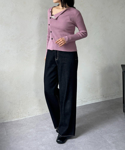 不對稱領口紐扣羅紋針織衫