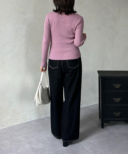 不對稱領口紐扣羅紋針織衫