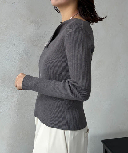 不對稱領口紐扣羅紋針織衫