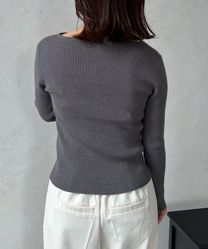 不對稱領口紐扣羅紋針織衫