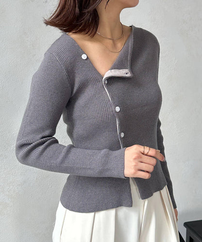 不對稱領口紐扣羅紋針織衫