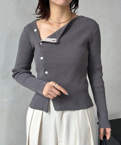 不對稱領口紐扣羅紋針織衫