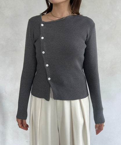 不對稱領口紐扣羅紋針織衫