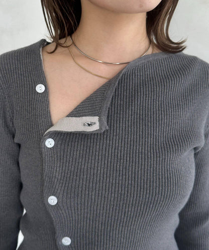 不對稱領口紐扣羅紋針織衫