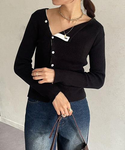 不對稱領口紐扣羅紋針織衫