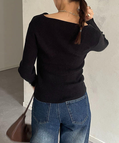 不對稱領口紐扣羅紋針織衫