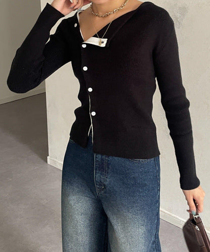 不對稱領口紐扣羅紋針織衫
