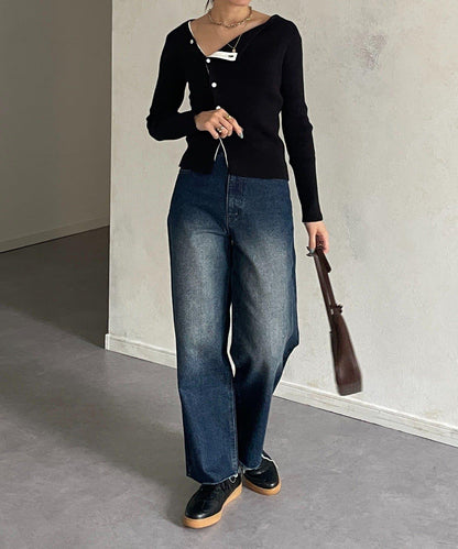 不對稱領口紐扣羅紋針織衫