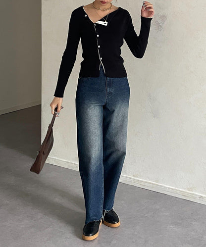 不對稱領口紐扣羅紋針織衫