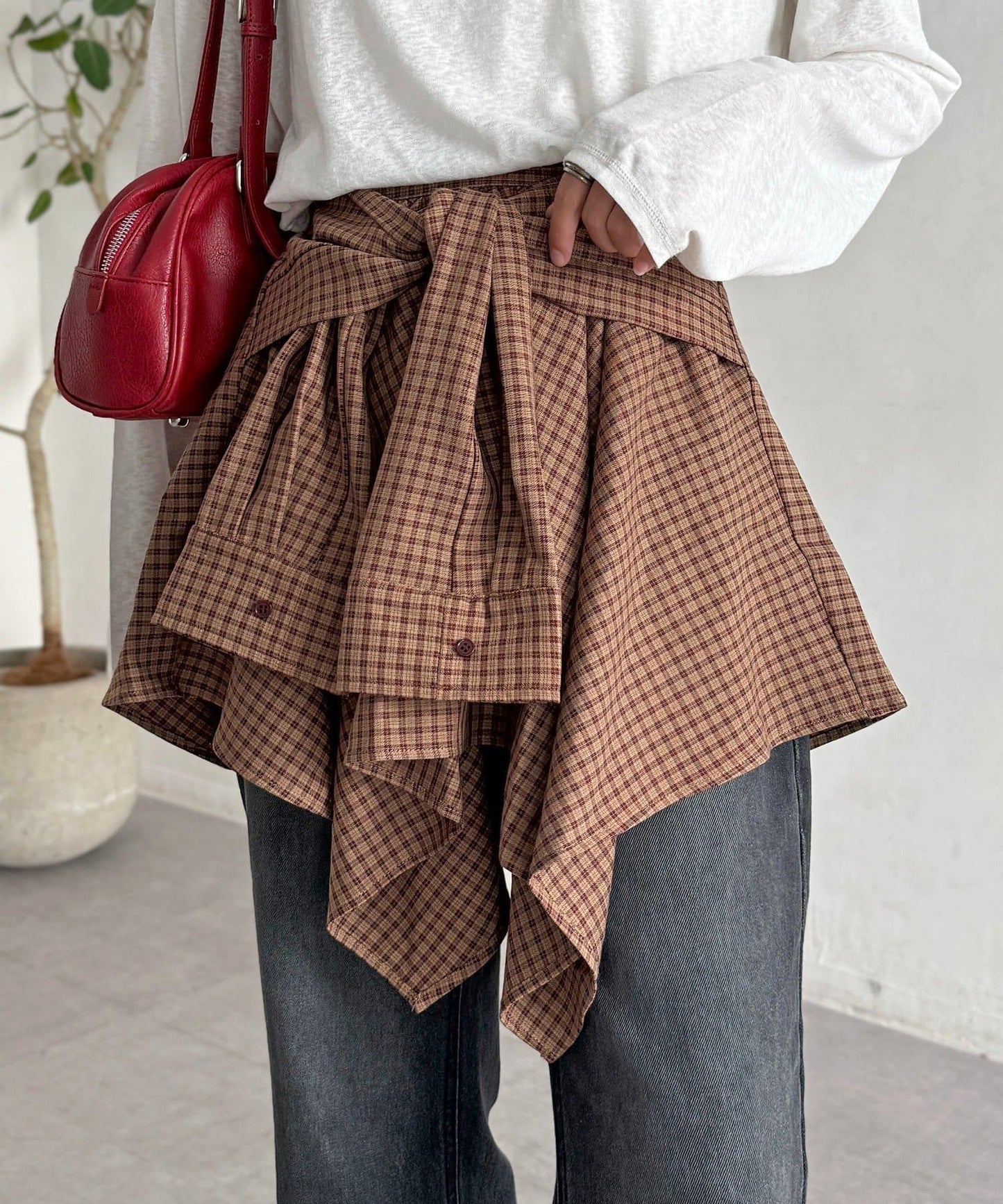 格紋包裹式迷你裙