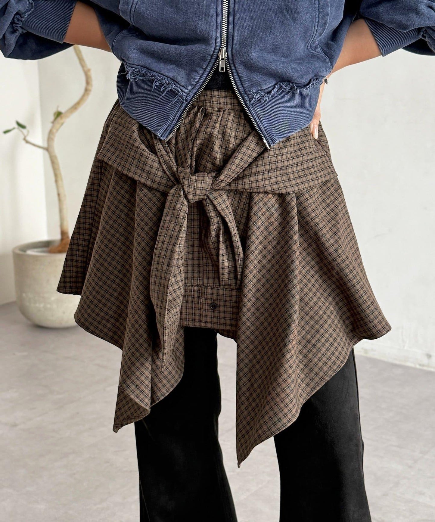 格紋包裹式迷你裙