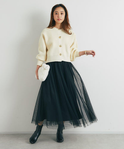 日常百搭大紐扣拼接圖案泡泡袖開衫