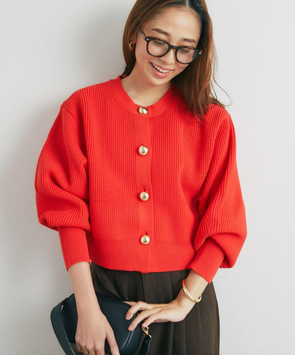 日常百搭大紐扣拼接圖案泡泡袖開衫