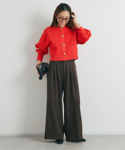 日常百搭大紐扣拼接圖案泡泡袖開衫