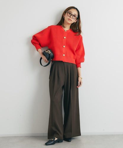 日常百搭大紐扣拼接圖案泡泡袖開衫