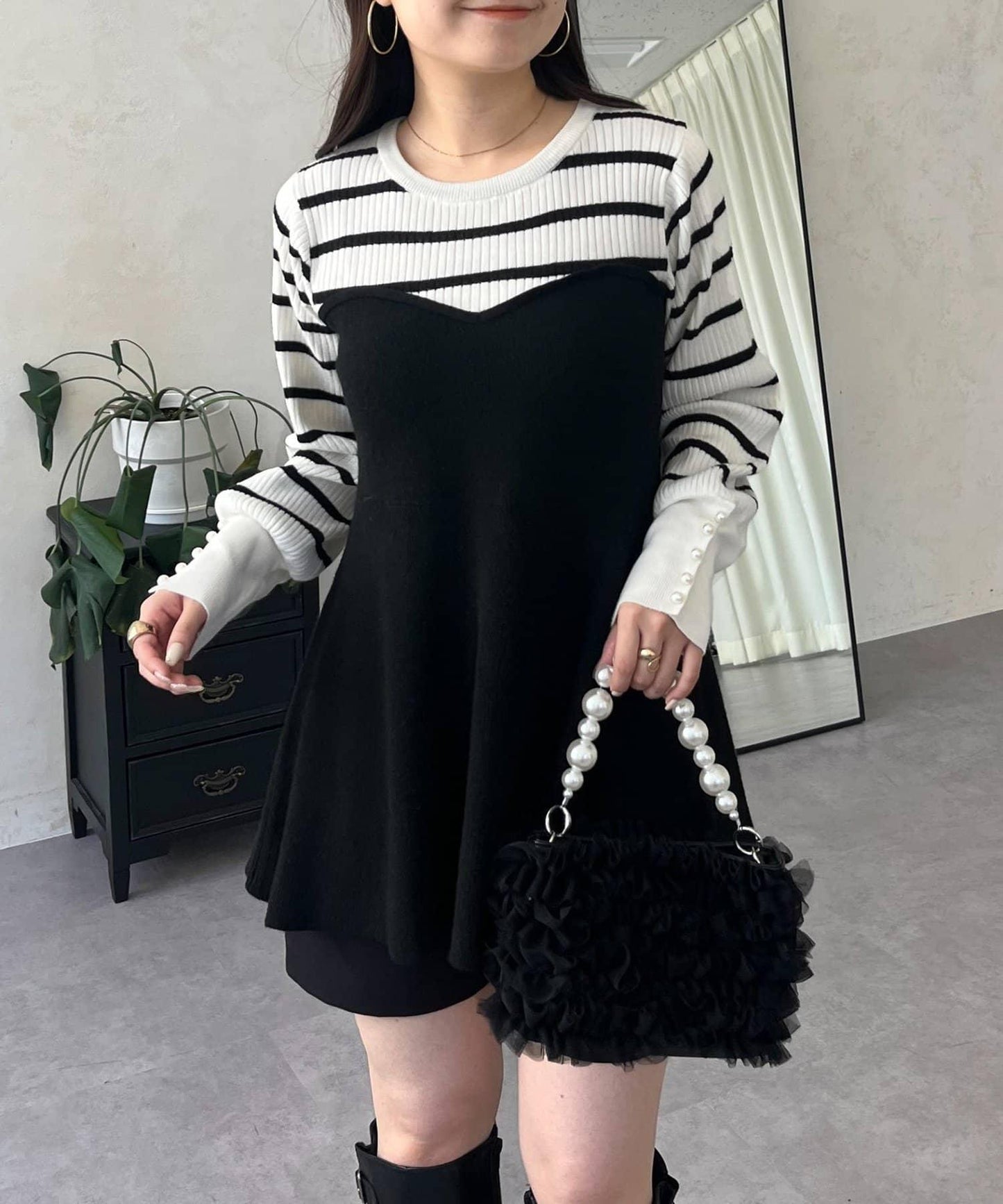 荷葉邊吊帶拼接針織衫