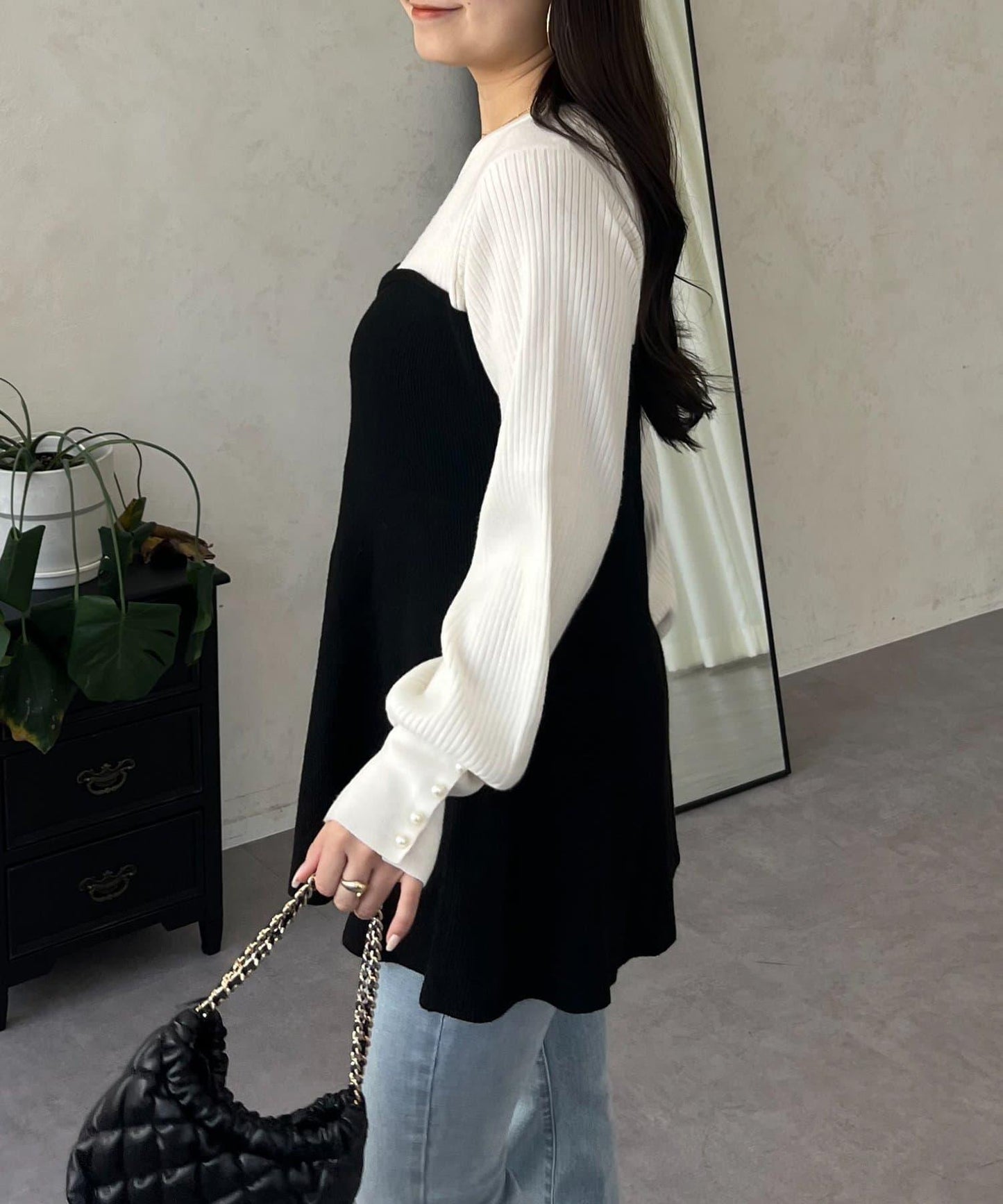 荷葉邊吊帶拼接針織衫