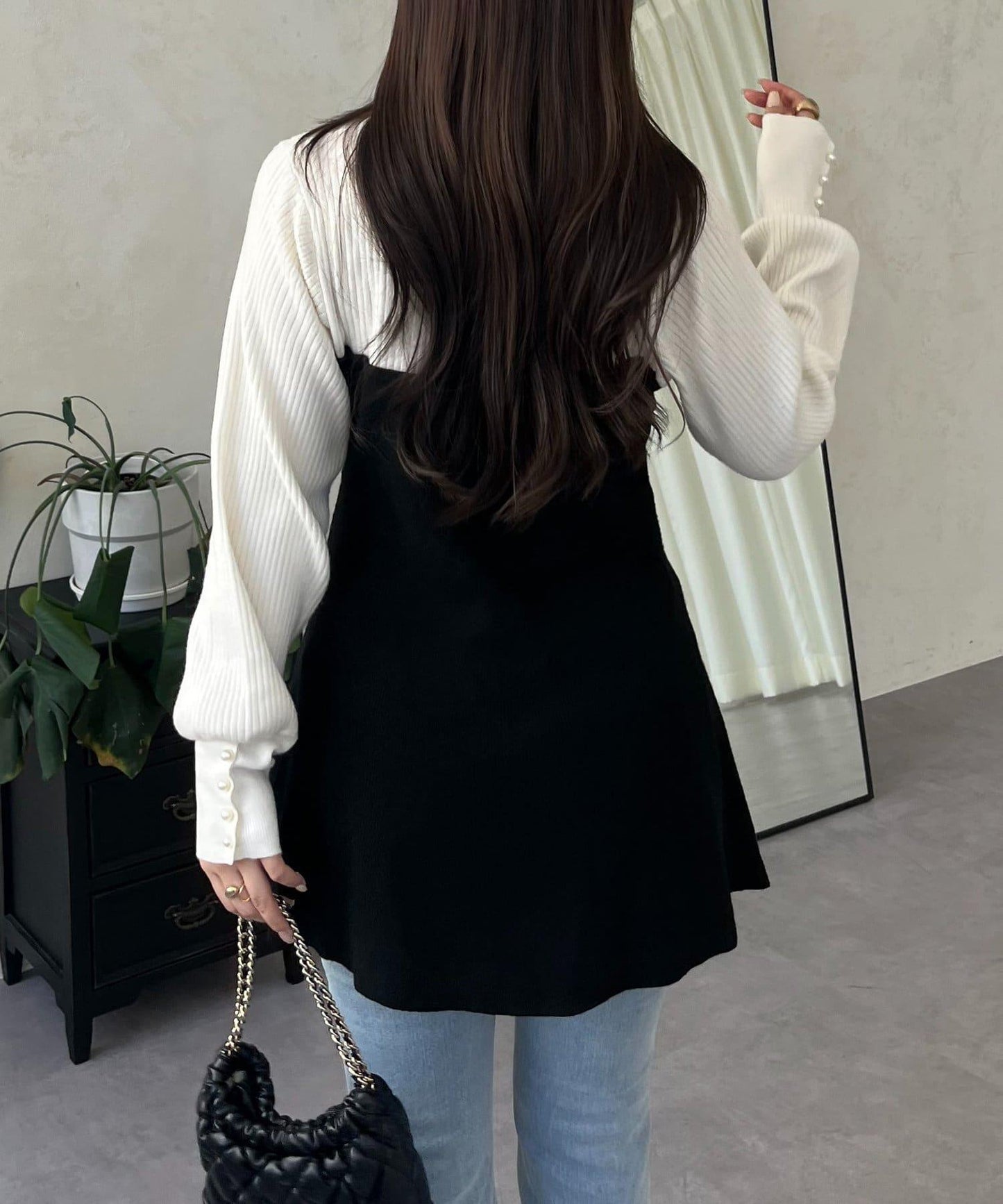 荷葉邊吊帶拼接針織衫