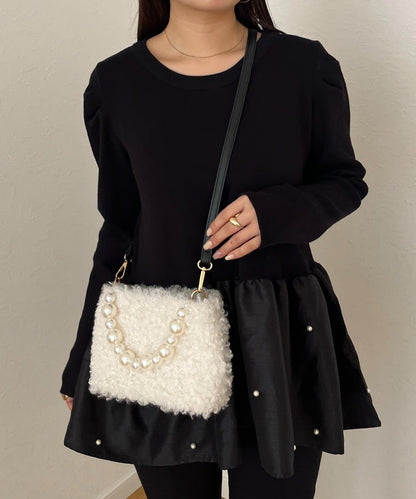 珍珠手柄捲毛絨單肩包