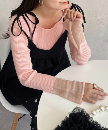 袖部透視方領羅紋針織衫