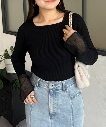 袖部透視方領羅紋針織衫