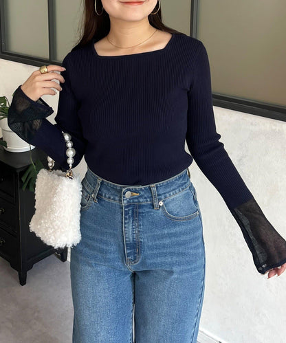 袖部透視方領羅紋針織衫