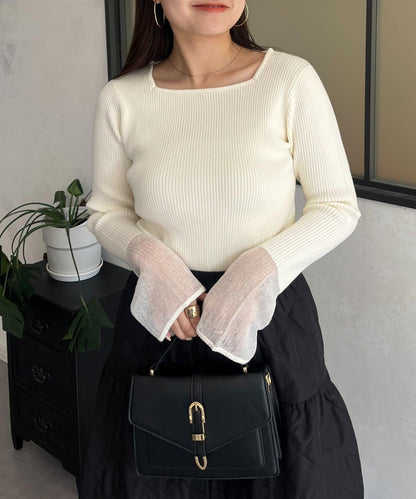 袖部透視方領羅紋針織衫