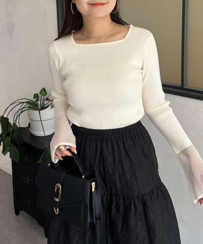 袖部透視方領羅紋針織衫