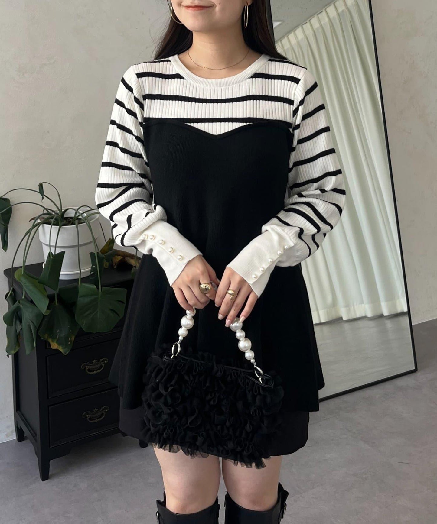 荷葉邊吊帶拼接針織衫