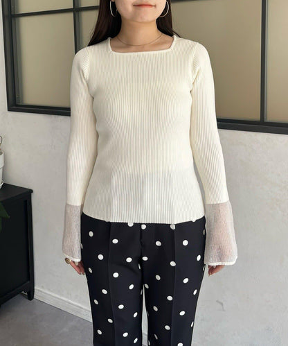 袖部透視方領羅紋針織衫