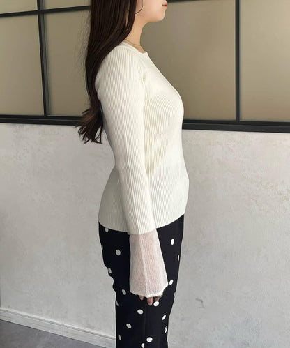 袖部透視方領羅紋針織衫