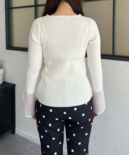 袖部透視方領羅紋針織衫