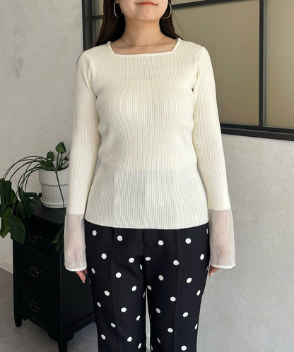 袖部透視方領羅紋針織衫