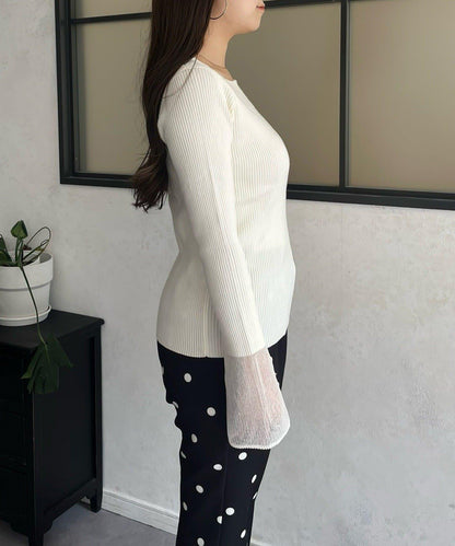 袖部透視方領羅紋針織衫