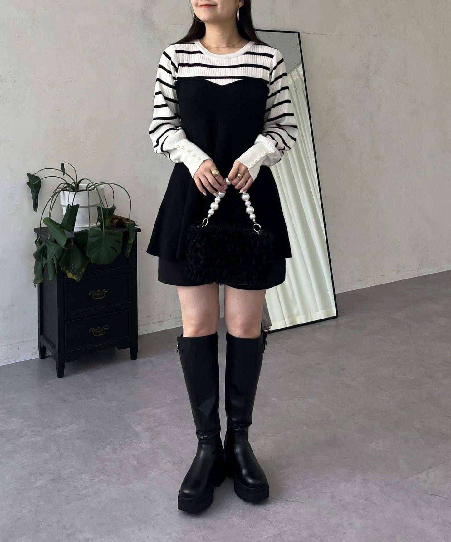 荷葉邊吊帶拼接針織衫