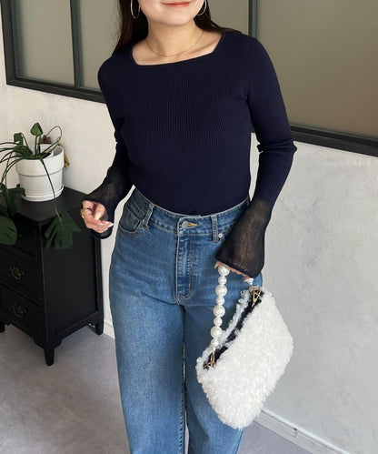 袖部透視方領羅紋針織衫