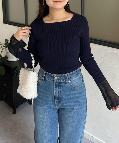 袖部透視方領羅紋針織衫