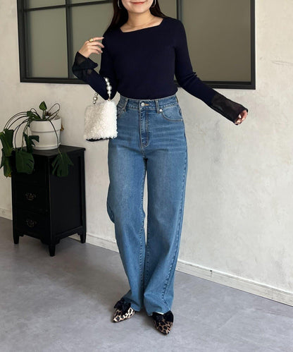 袖部透視方領羅紋針織衫