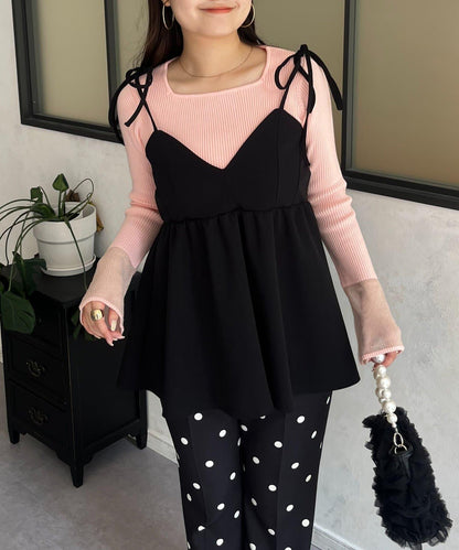 袖部透視方領羅紋針織衫